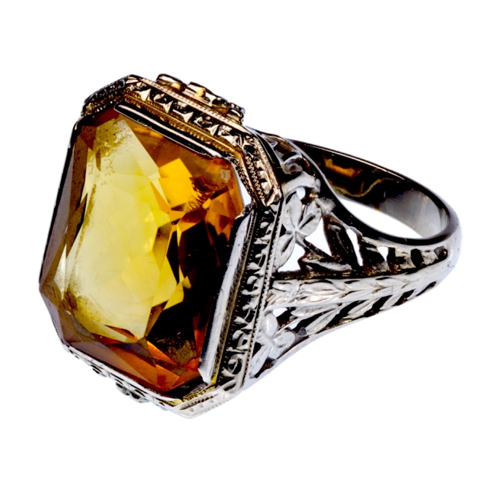 18k White Gold Art Deco Style Citrine Ring size 6.5
